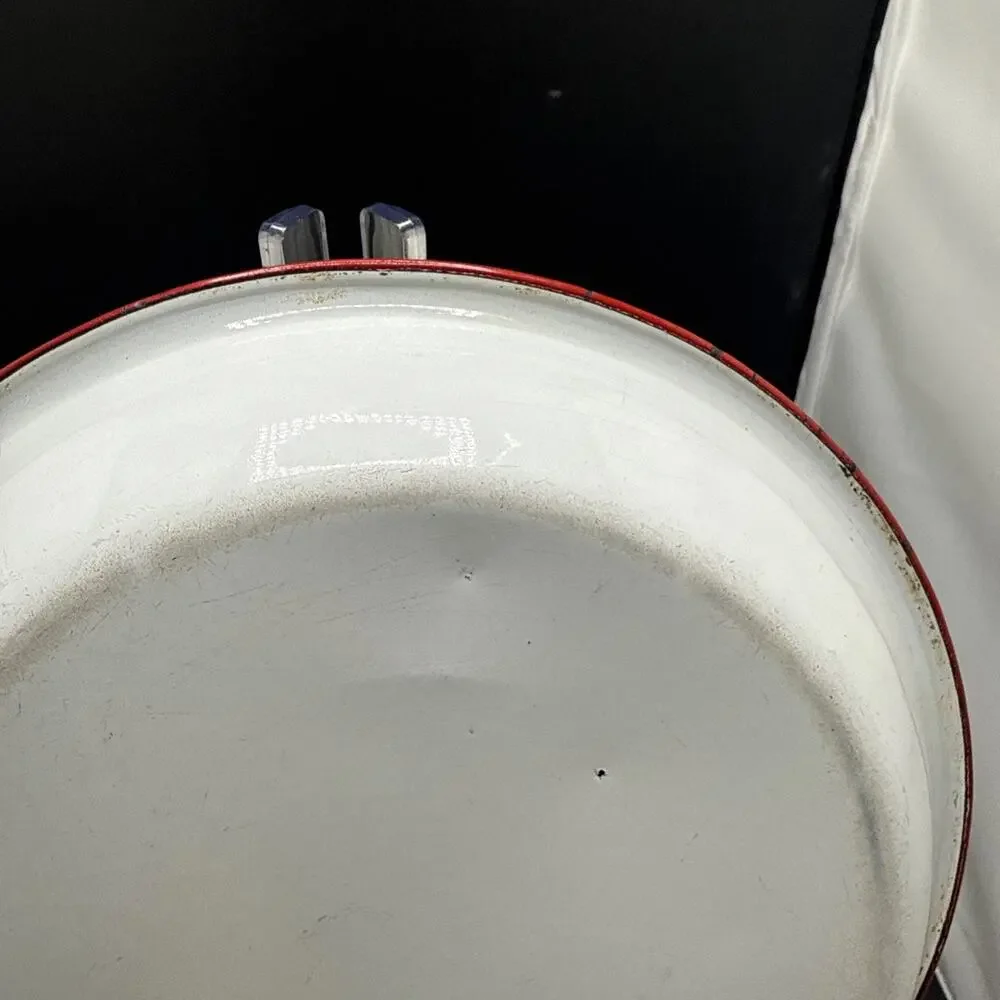 Vintage White Red Rim Enamelware Dinner Plate Farmhouse Camp Rustic 9.25 Inches